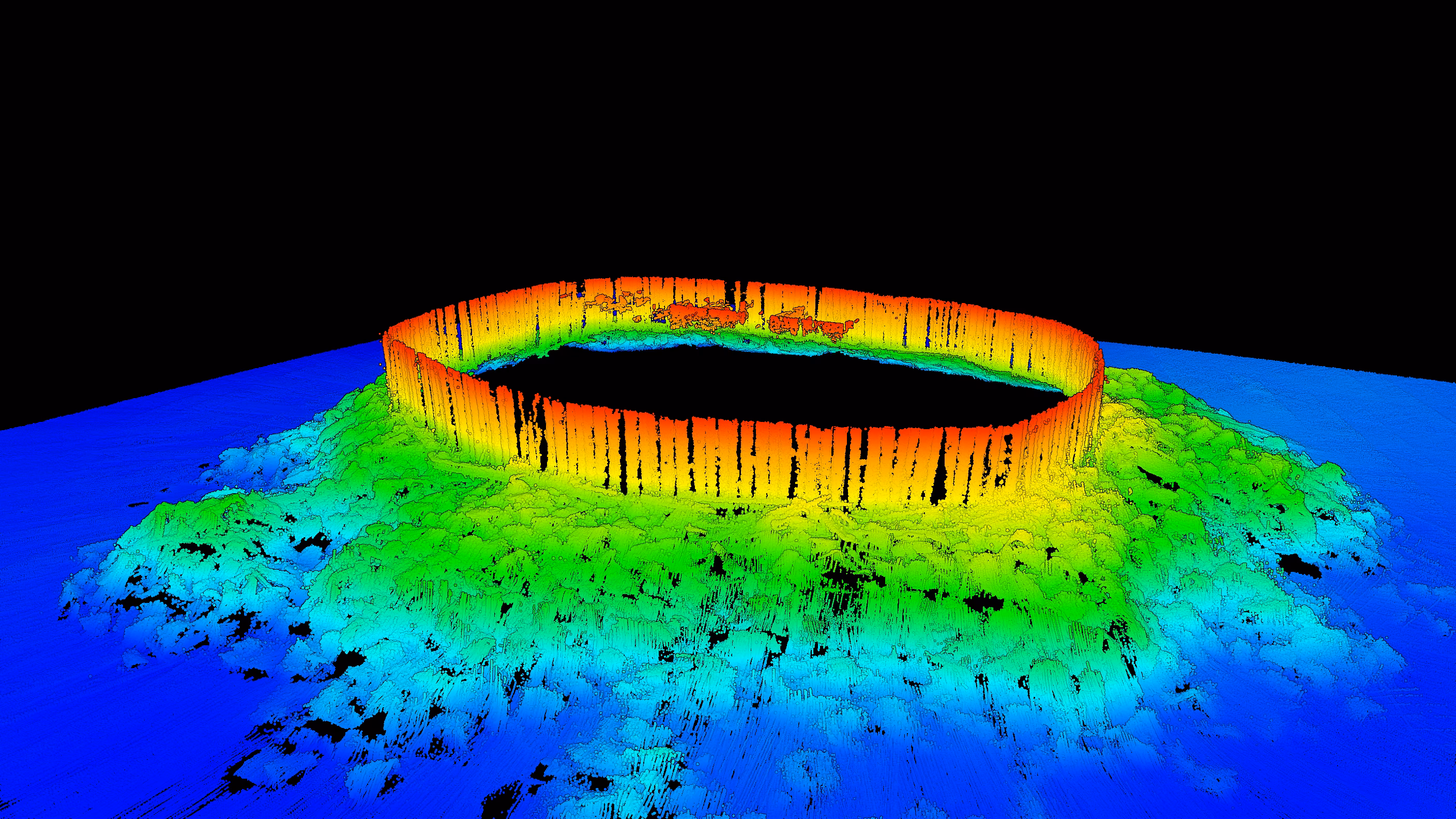 Nur die Messpunkte unterhalb der Wasserlinie: der Sockel als geschlossener Ring, umgeben von einem unregelmäßigen Wall am Meeresboden