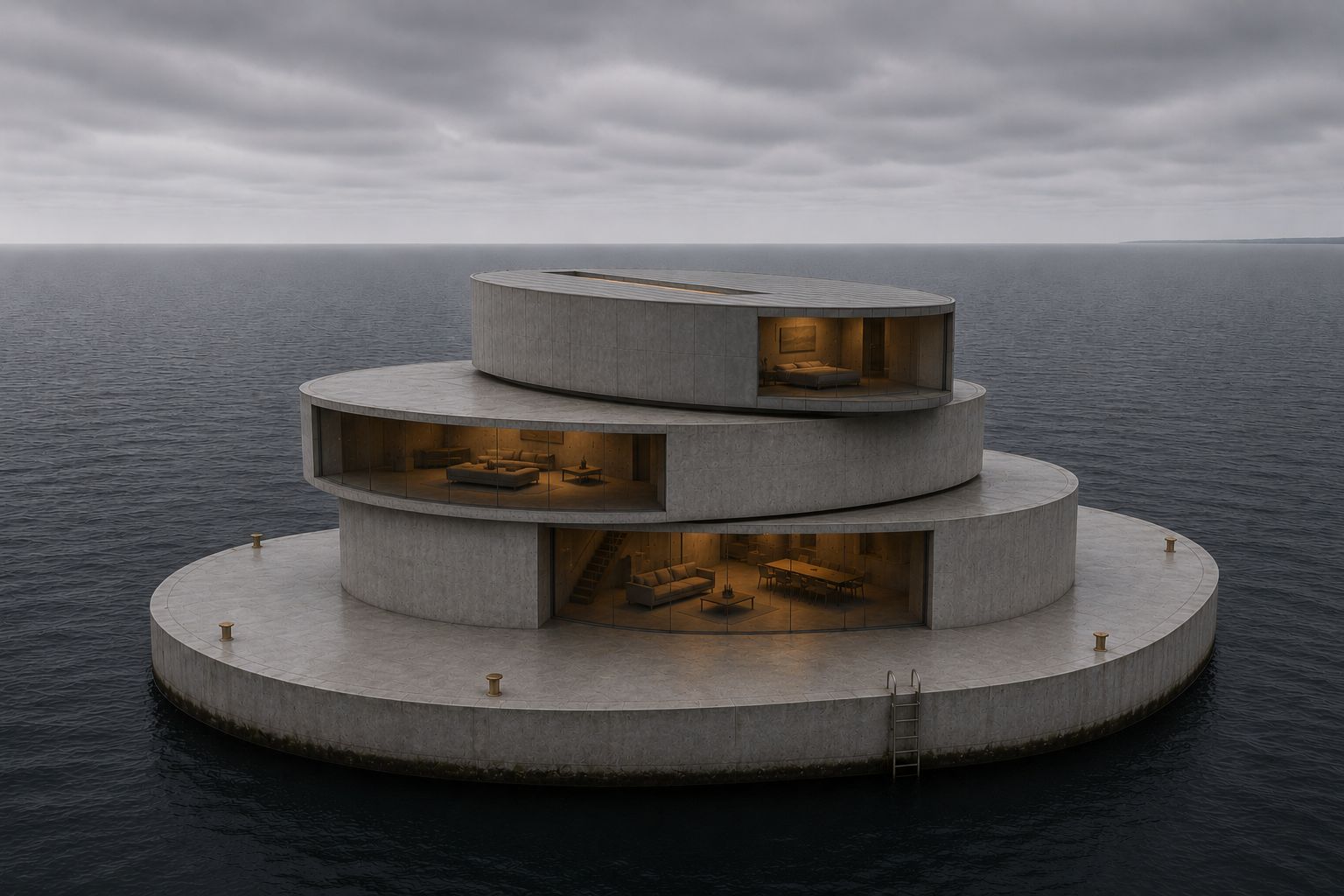 Die Vision: eine terrassierte Betoninsel mit Glasfronten im offenen Meer