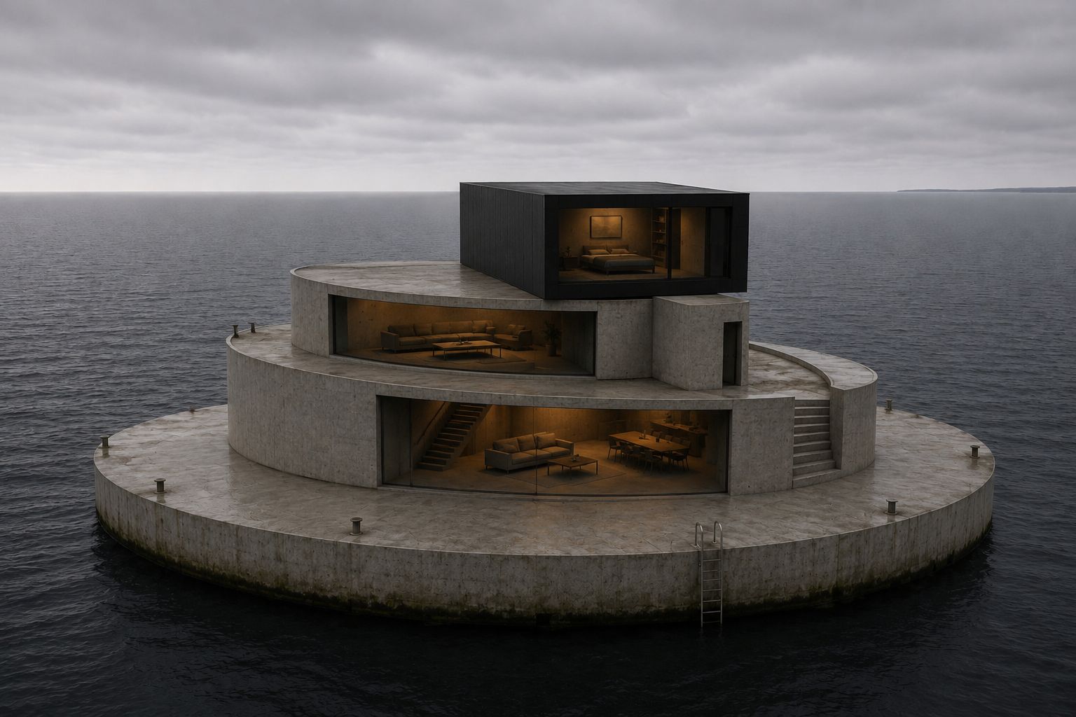 Die Zukunftsvision: gestufte Betoninsel mit beleuchteten Wohnräumen am Meer